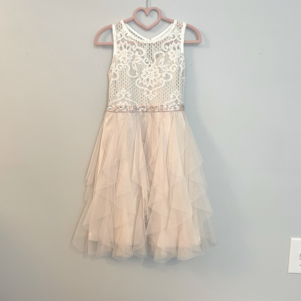Girls Rare Editions ivory lace dress with cascade skirt and gemstones size 8